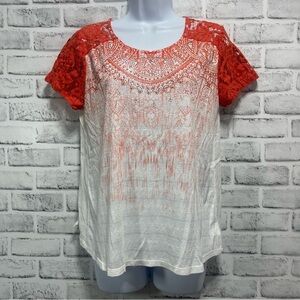 Miss Me Coral Orange Lace Yoke Embellished Aztec Print Top Medium